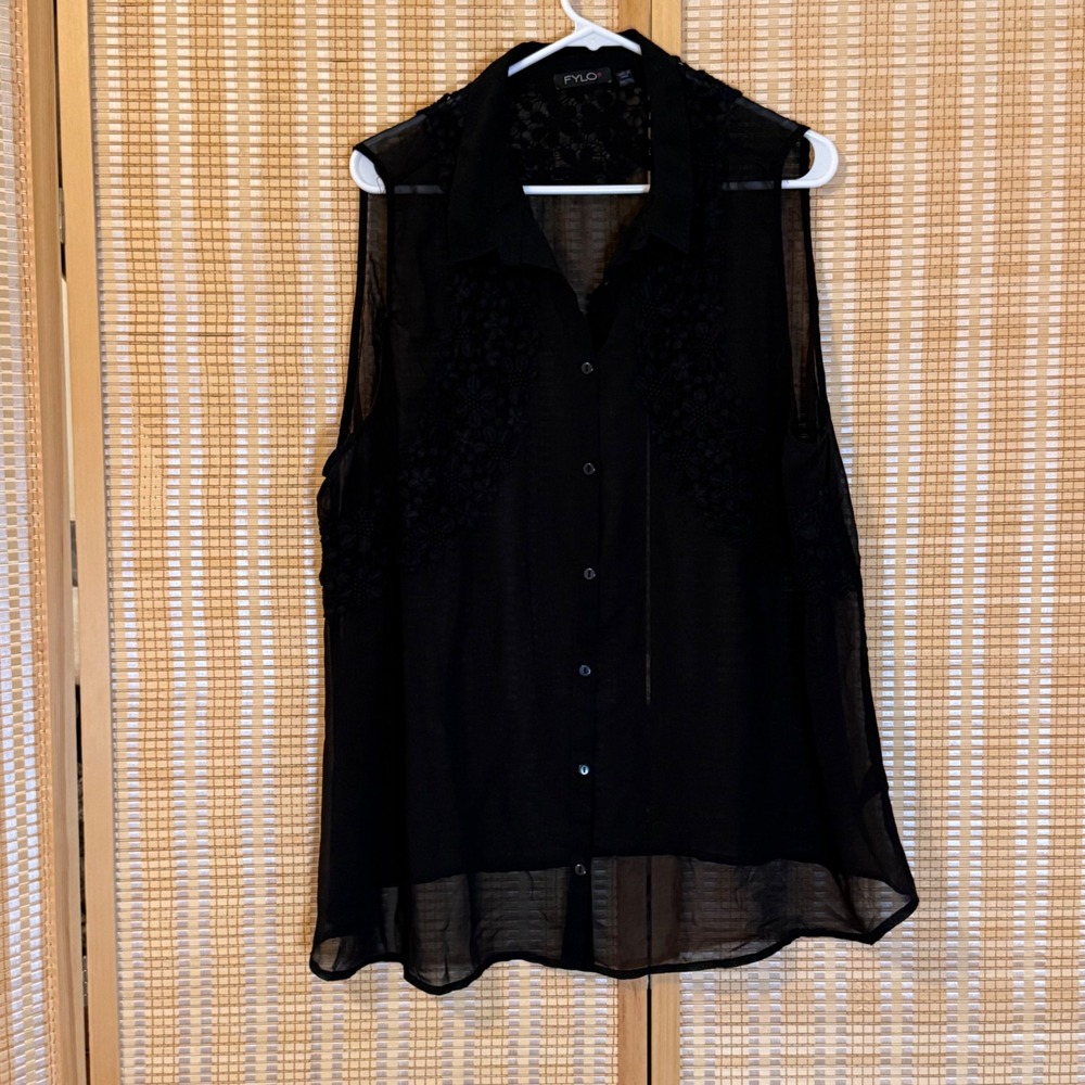 FYLO Womens Black Sheer Lace Sleeveless Button Down Blouse Top 2X Floral Overlay